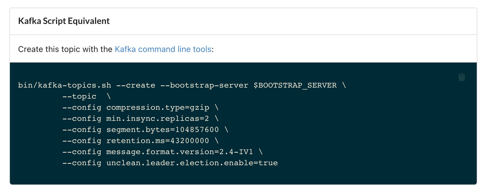 An example of the Kafka Script Equivalent inside of Kpow's Topic Create UI