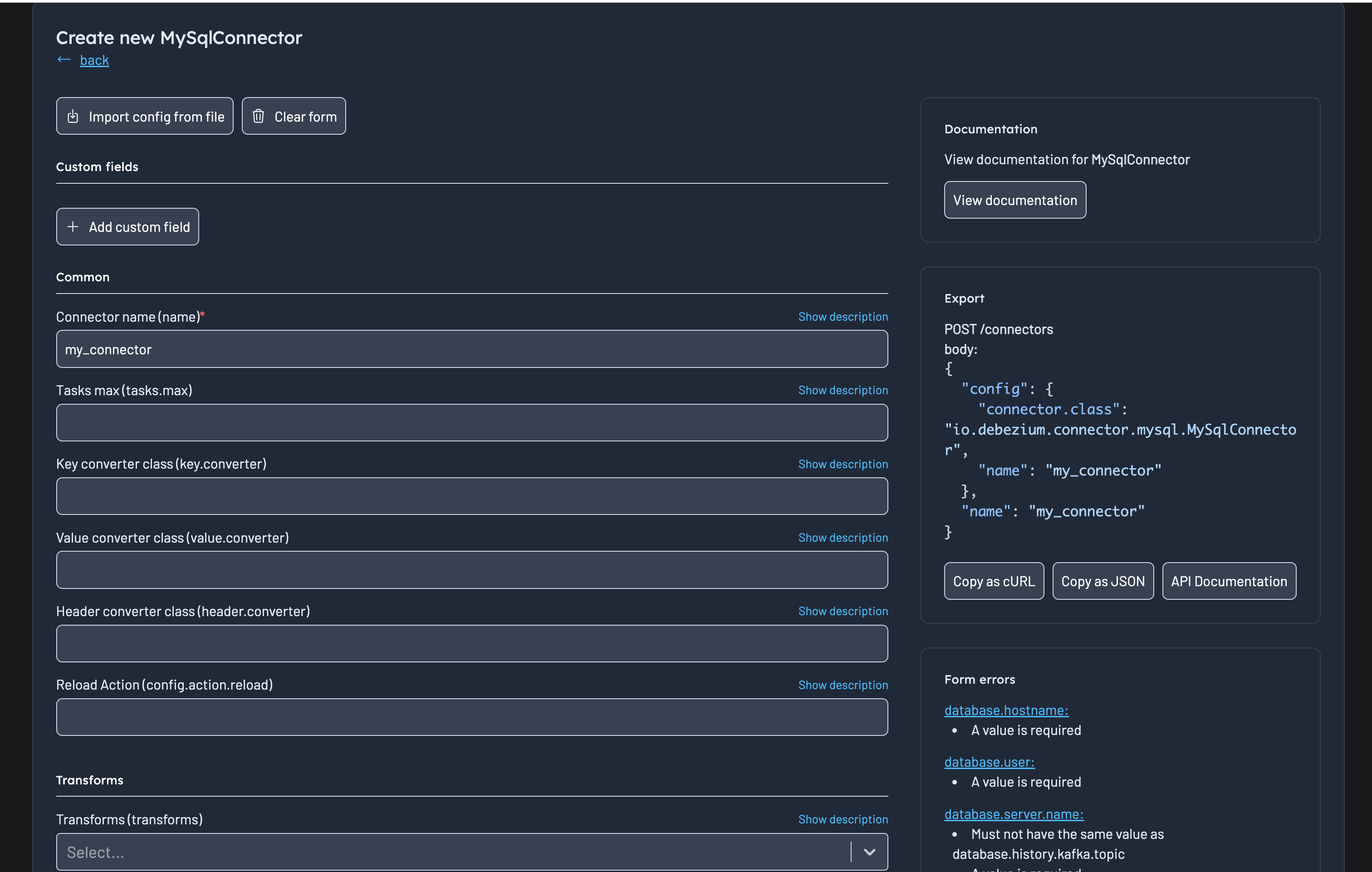 Create Connector form at a glance