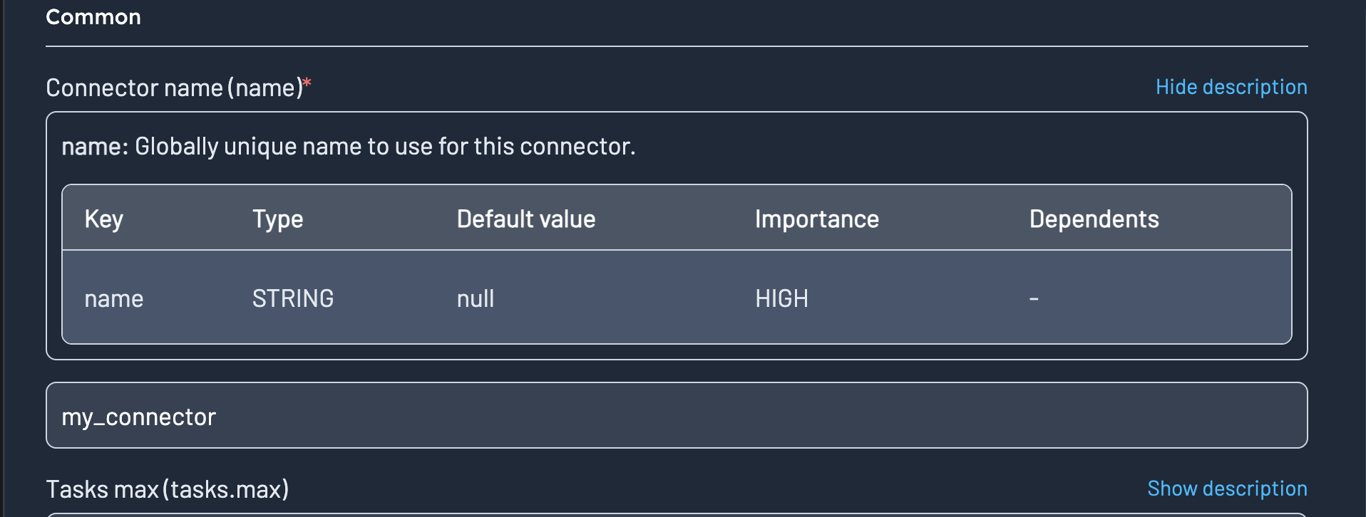 Documentation for the form item connector name