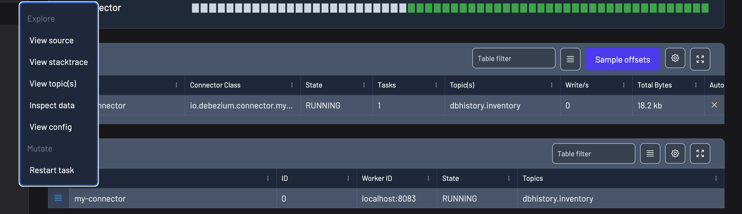 Connect task actions available