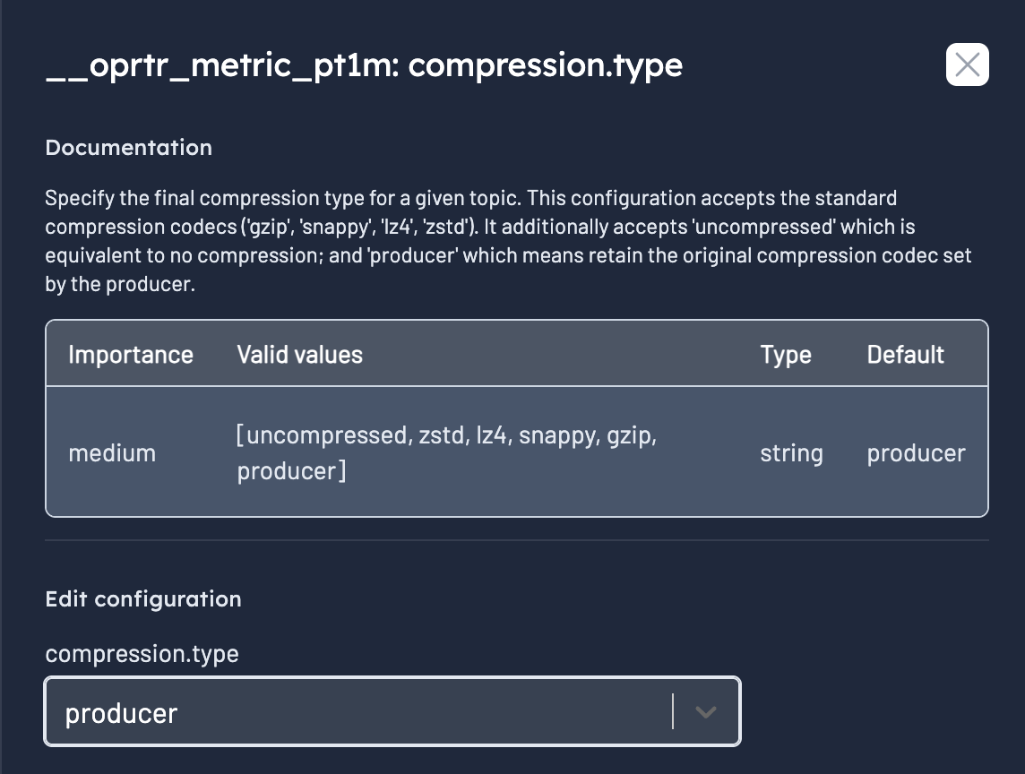 The Edit Config modal for \_\_consumer\_offsets' cleanup.policy