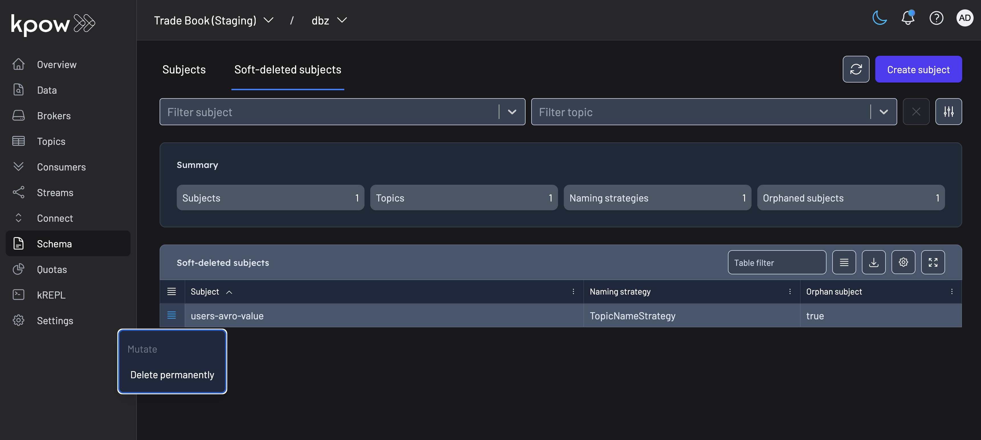 Permanently delete subject